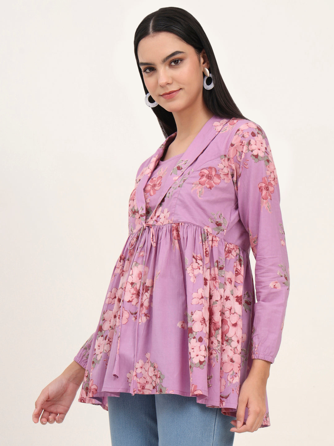Noe Velarro Purple Floral Print Cotton Fabric Lepal Coller Peplum Top