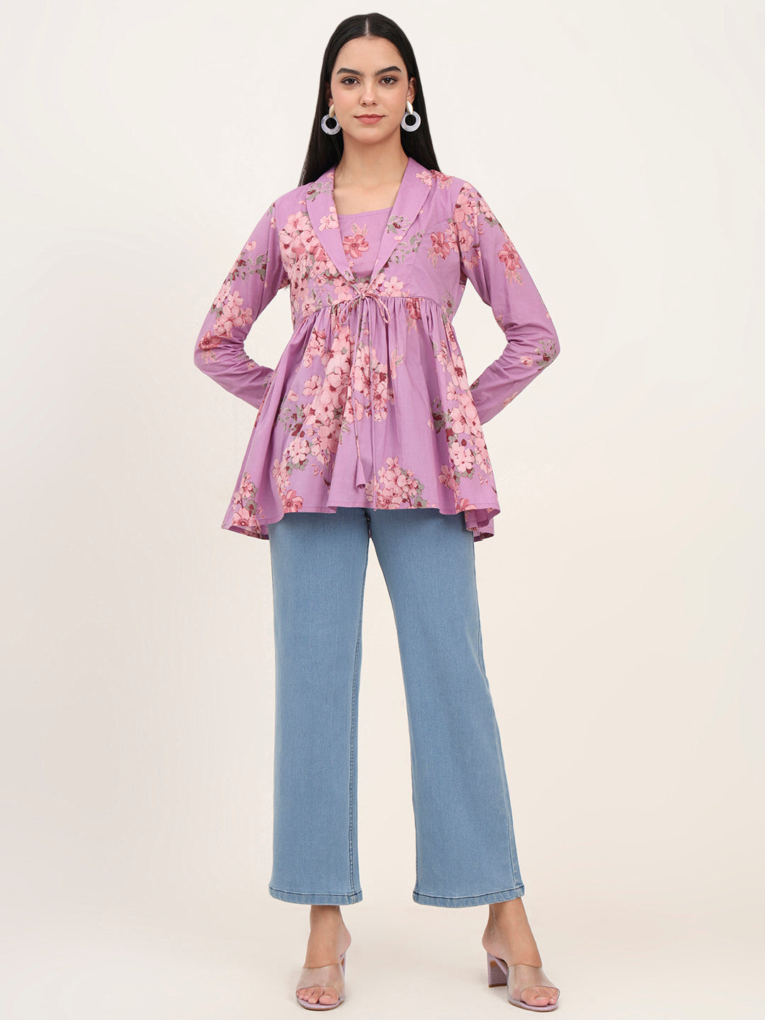 Noe Velarro Purple Floral Print Cotton Fabric Lepal Coller Peplum Top