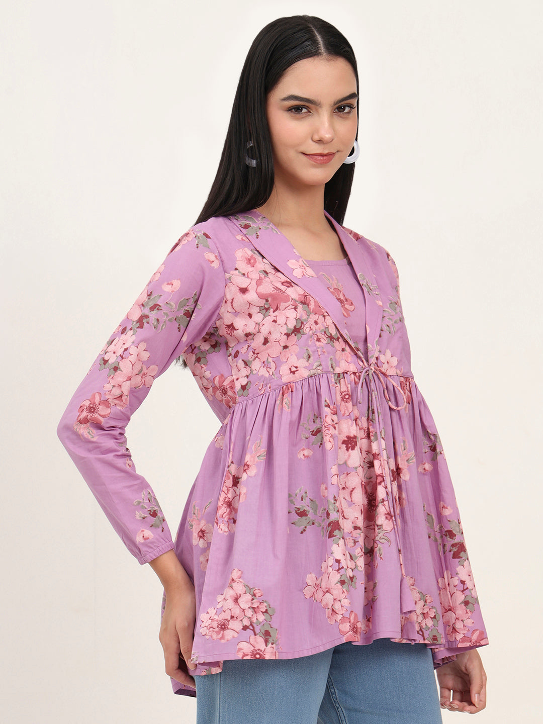 Noe Velarro Purple Floral Print Cotton Fabric Lepal Coller Peplum Top