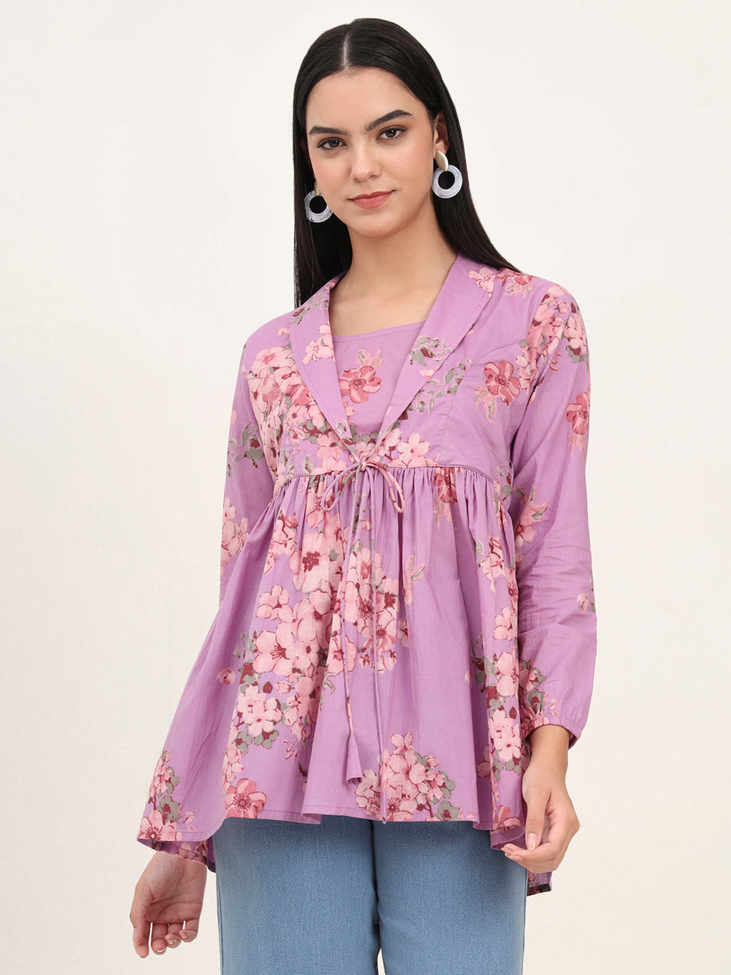 Noe Velarro Purple Floral Print Cotton Fabric Lepal Coller Peplum Top