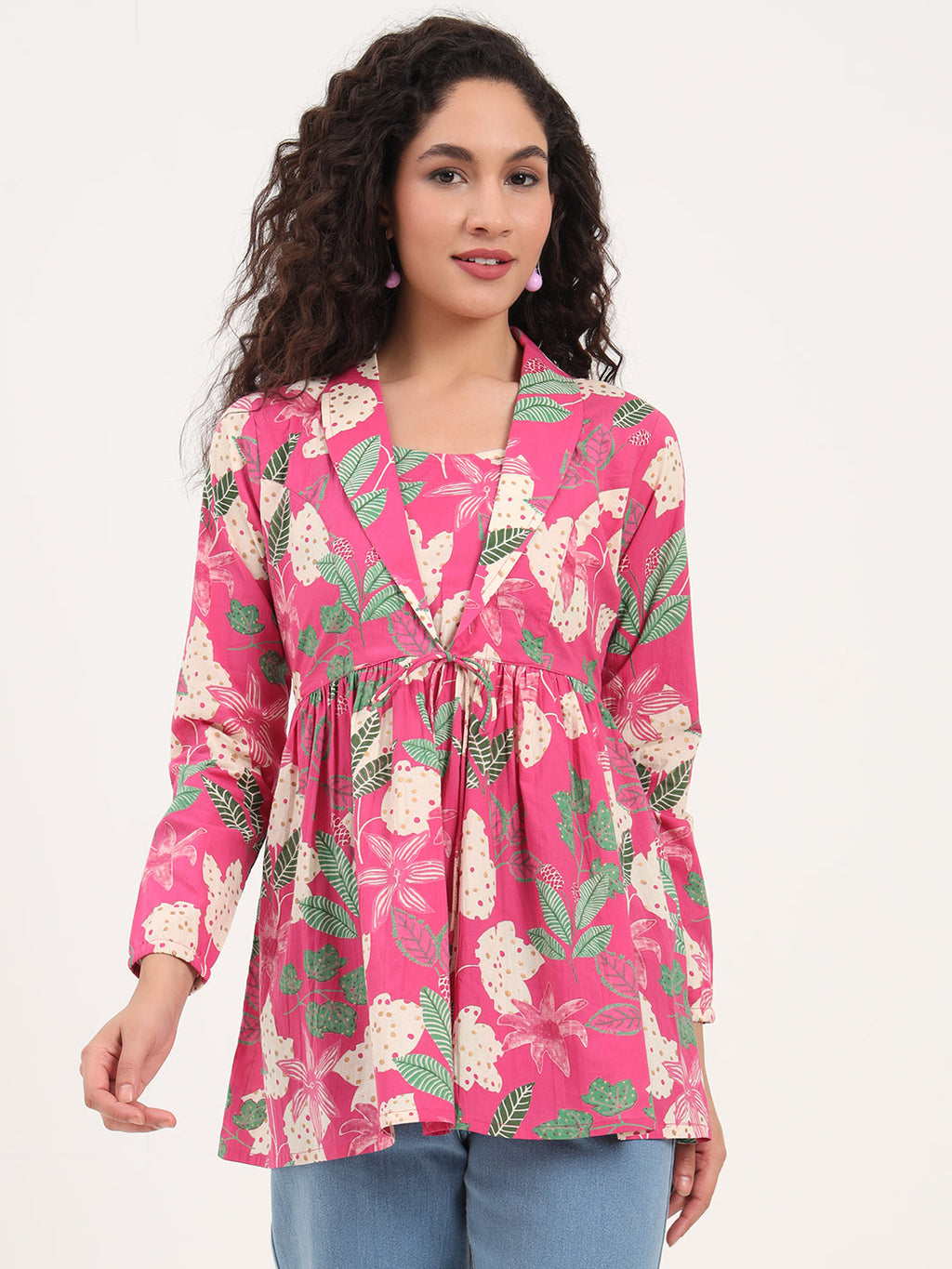 Noe Velarro Pink Floral Print Cotton Fabric Lepal Coller Peplum Top