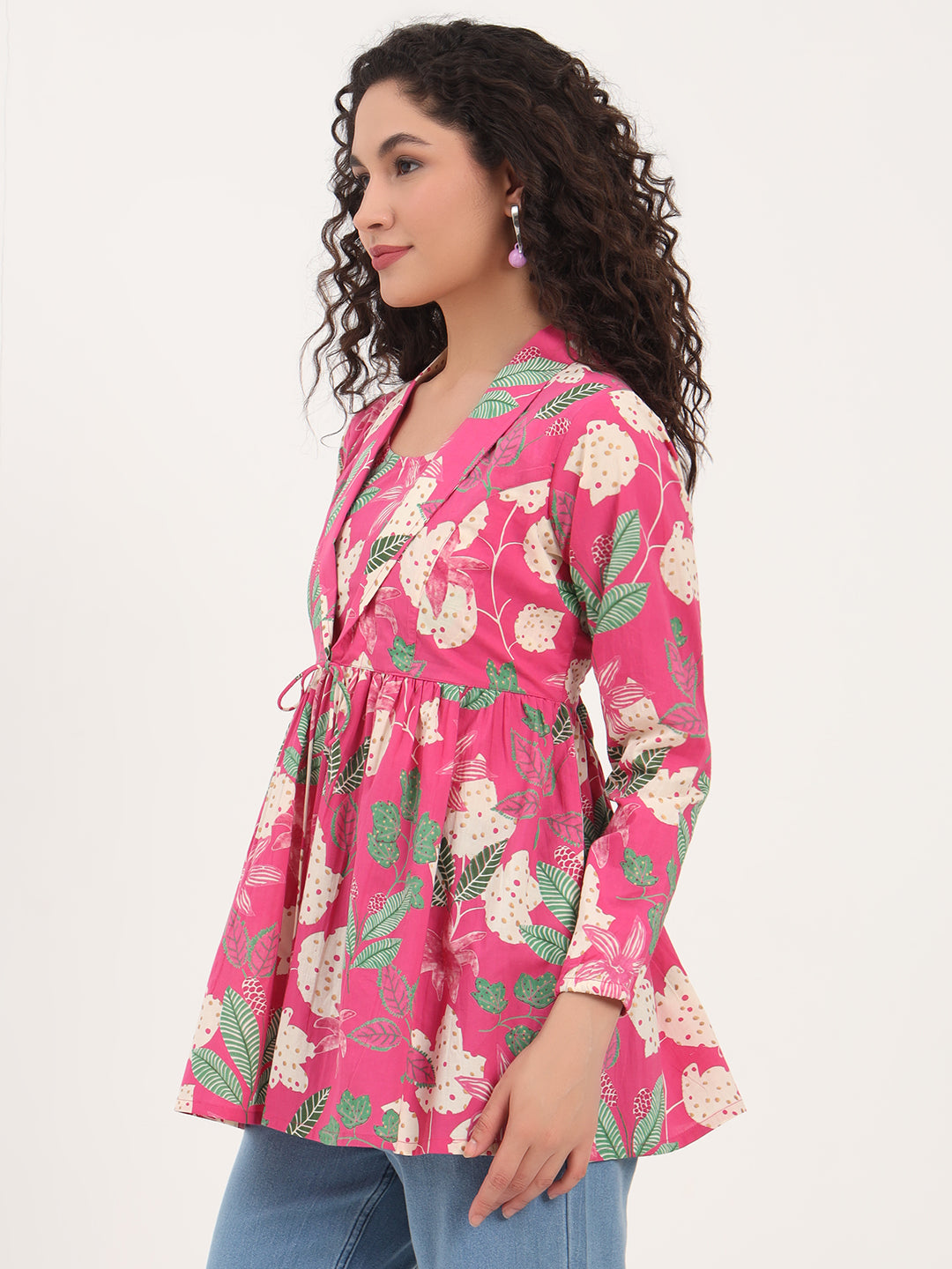 Noe Velarro Pink Floral Print Cotton Fabric Lepal Coller Peplum Top