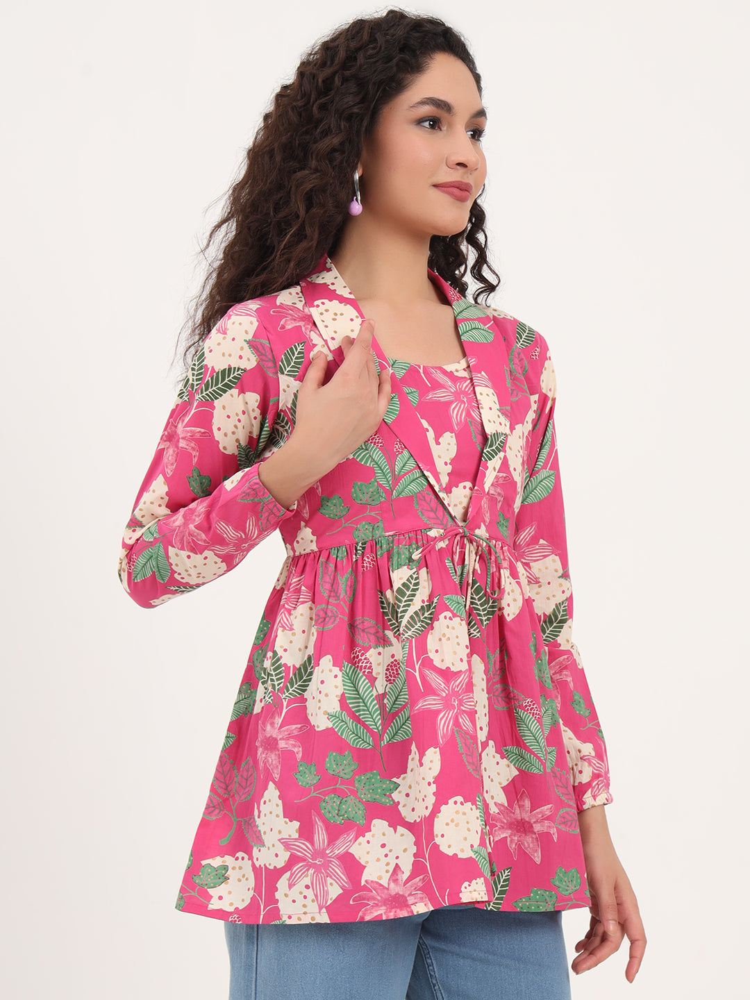 Noe Velarro Pink Floral Print Cotton Fabric Lepal Coller Peplum Top