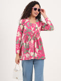 Noe Velarro Pink Floral Print Cotton Fabric Lepal Coller Peplum Top