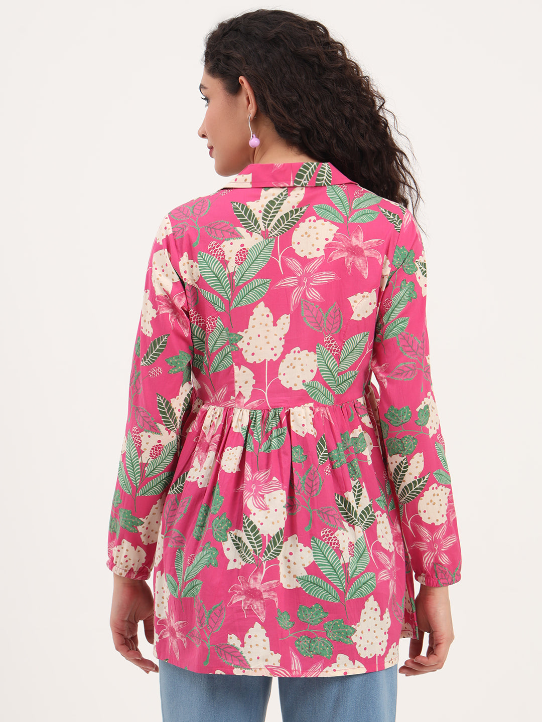 Noe Velarro Pink Floral Print Cotton Fabric Lepal Coller Peplum Top