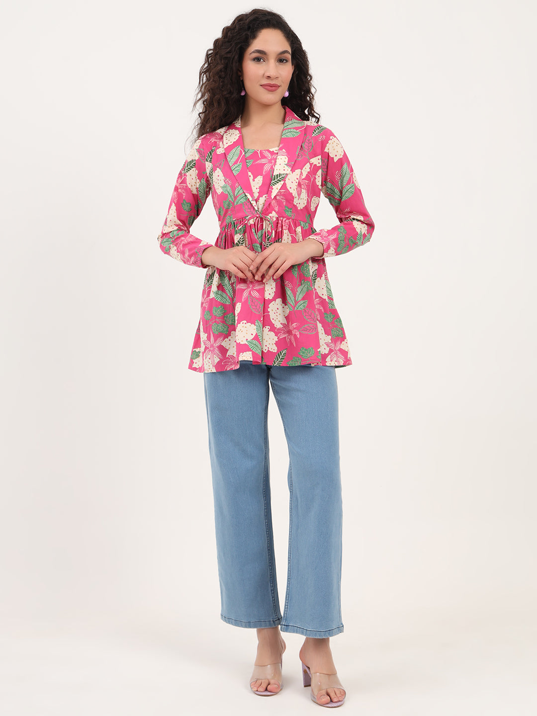 Noe Velarro Pink Floral Print Cotton Fabric Lepal Coller Peplum Top