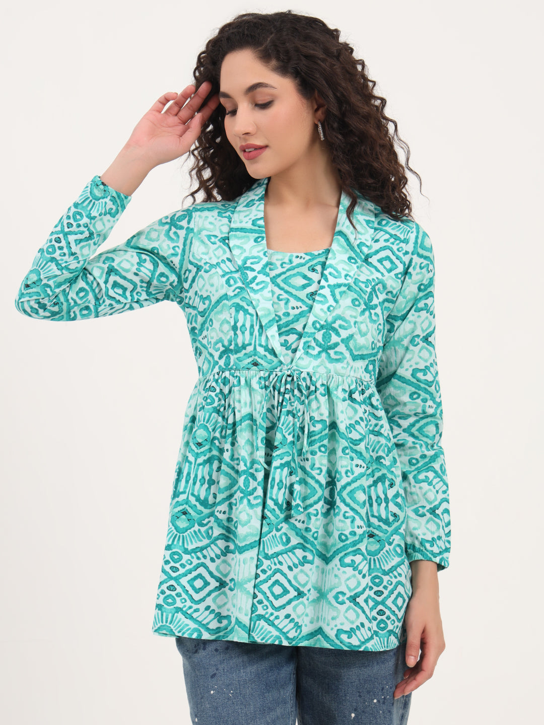 Noe Velarro Teal Green Floral Cotton Fabric Lepal Coller Peplum Top
