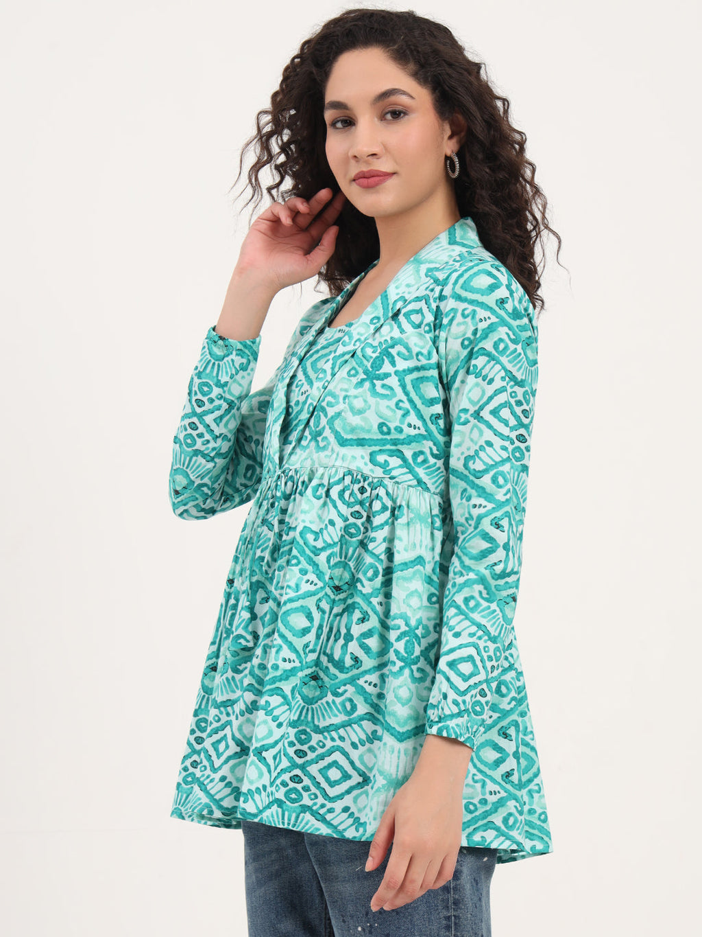 Noe Velarro Teal Green Floral Cotton Fabric Lepal Coller Peplum Top