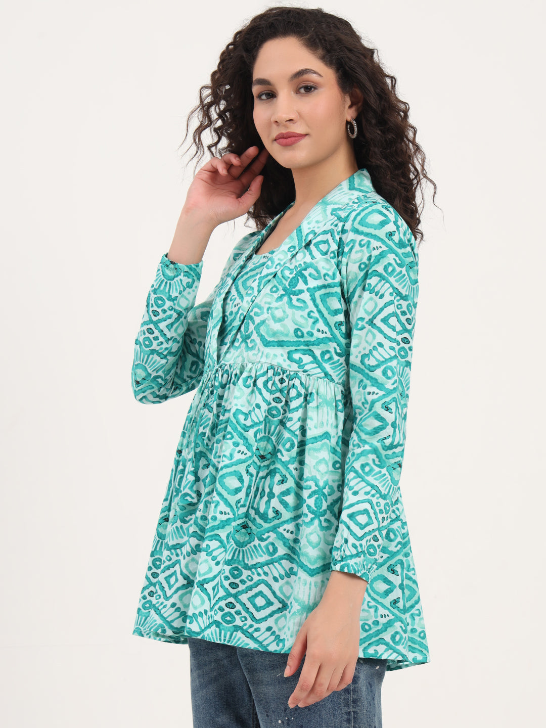 Noe Velarro Teal Green Floral Cotton Fabric Lepal Coller Peplum Top