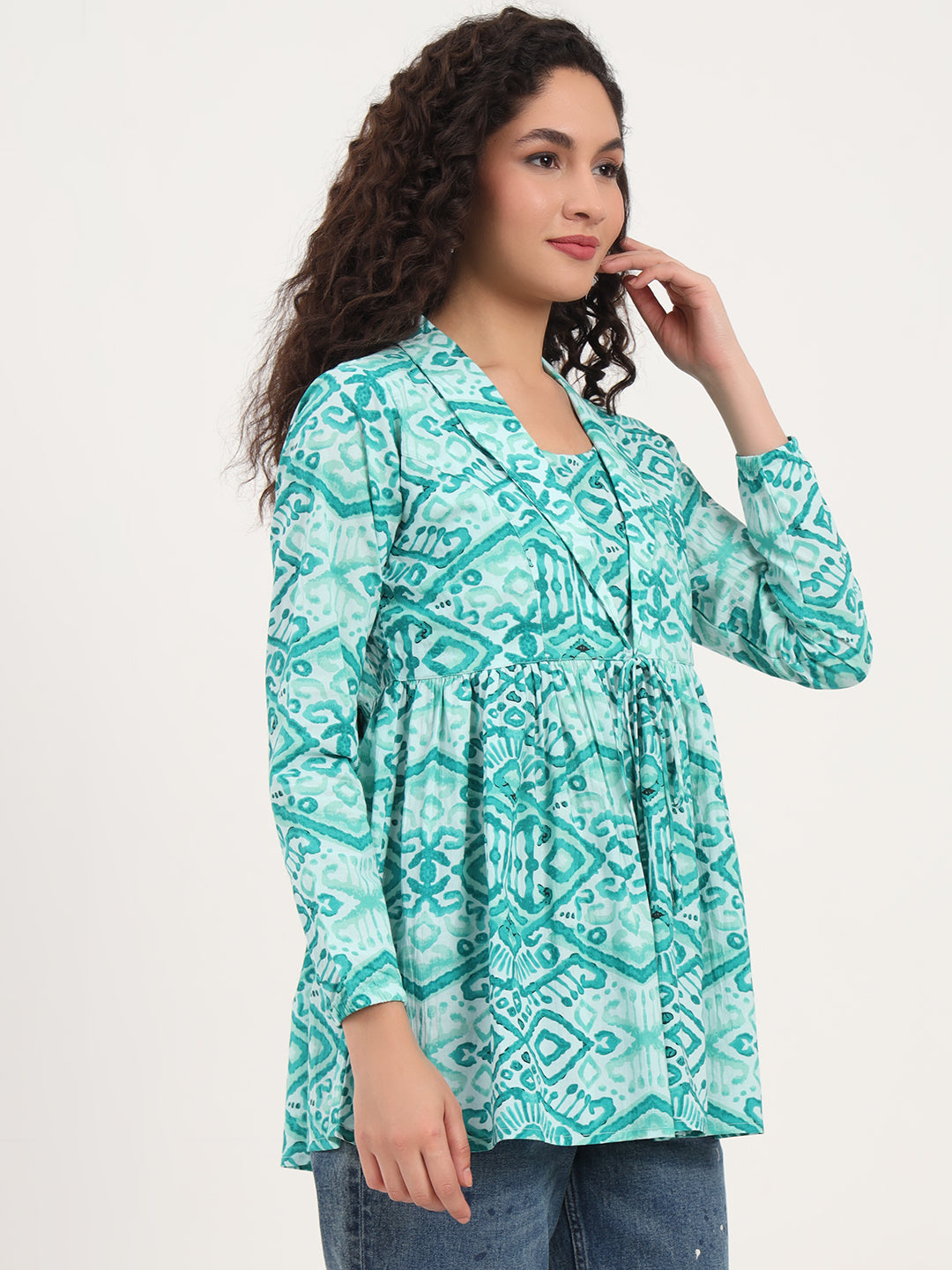 Noe Velarro Teal Green Floral Cotton Fabric Lepal Coller Peplum Top