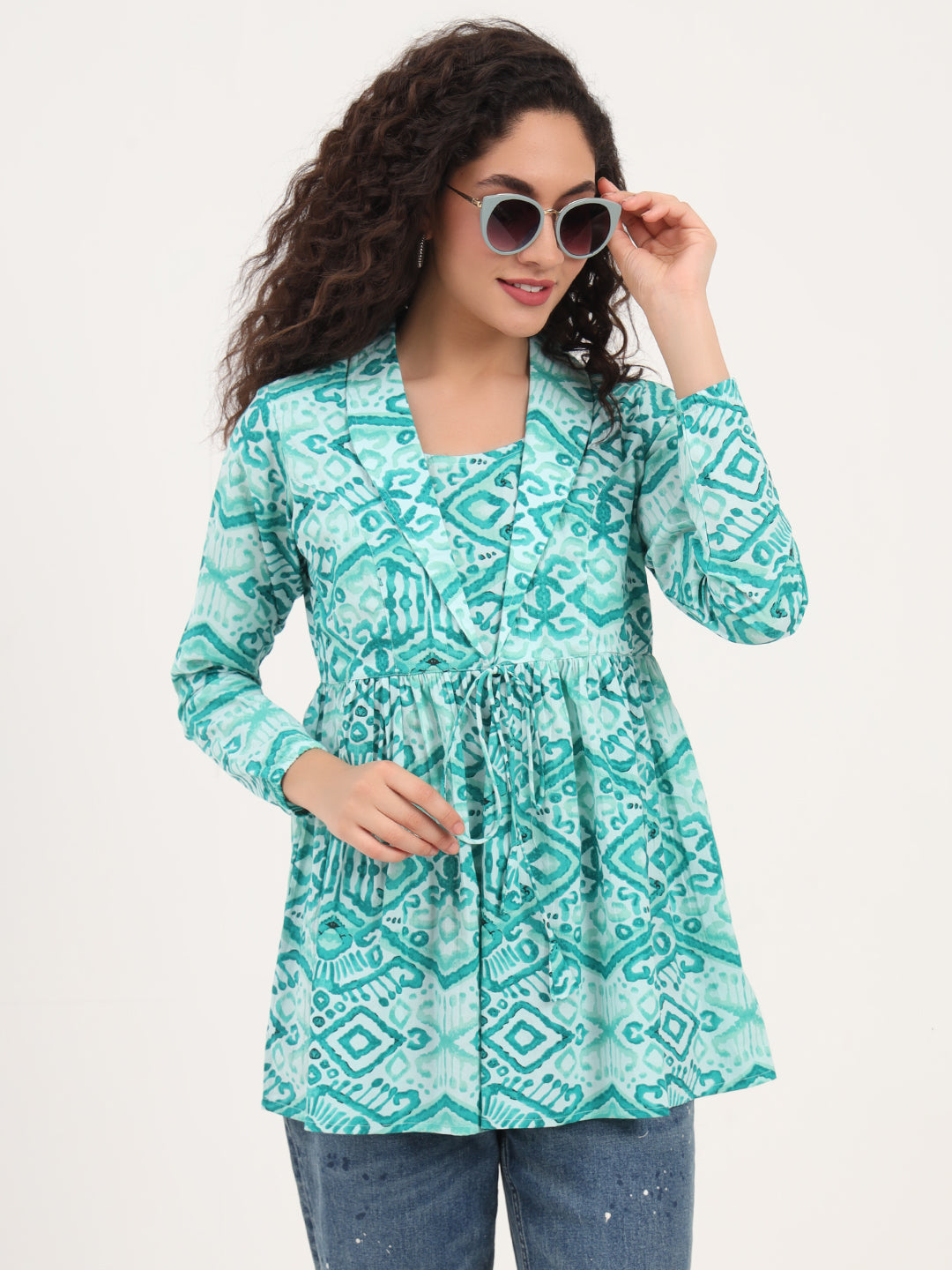Noe Velarro Teal Green Floral Cotton Fabric Lepal Coller Peplum Top