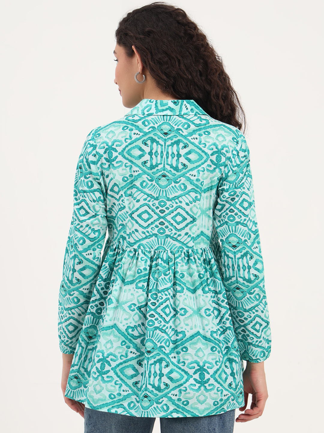 Noe Velarro Teal Green Floral Cotton Fabric Lepal Coller Peplum Top