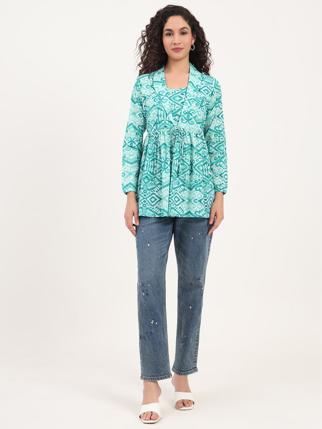 Noe Velarro Teal Green Floral Cotton Fabric Lepal Coller Peplum Top