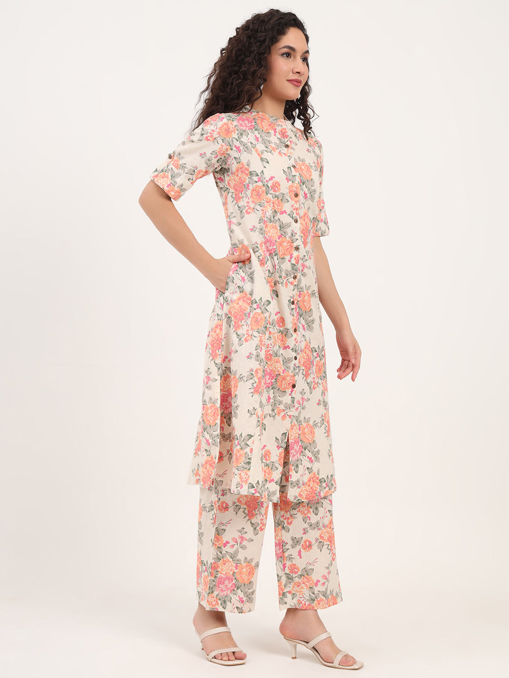 Noe Velarro Cream Floral Printed Cotton Kurta Sets