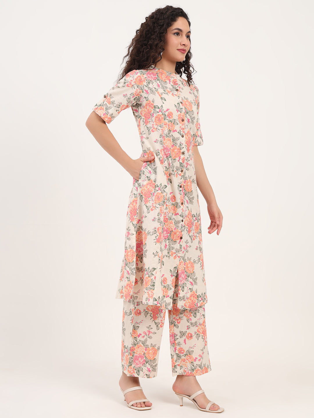 Noe Velarro Cream Floral Printed Cotton Kurta Sets