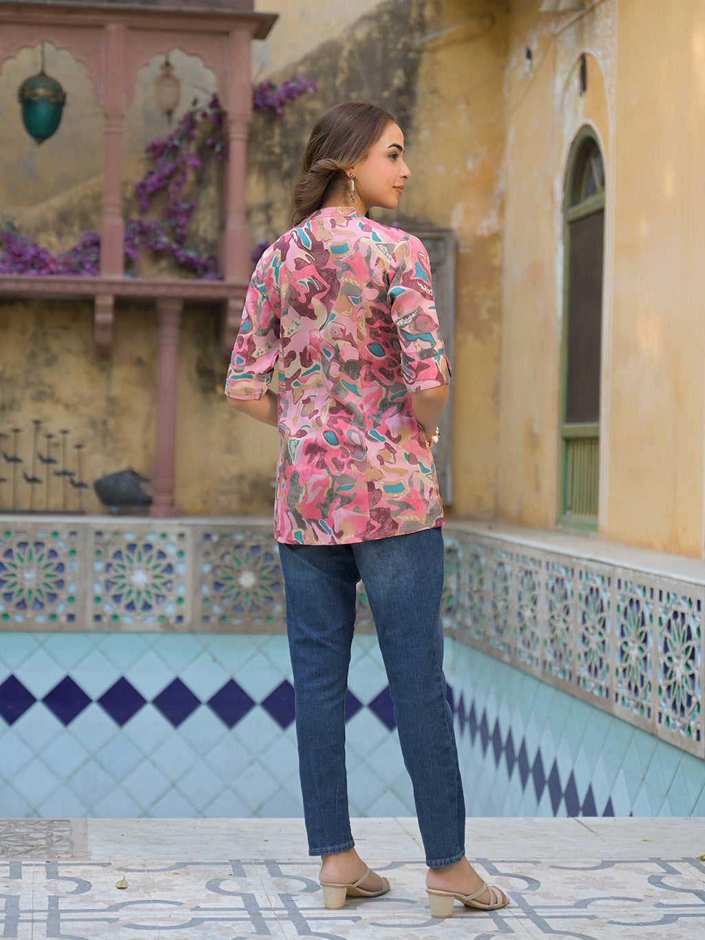 Noe Velarro Pink Printed Rayon A-Line Top