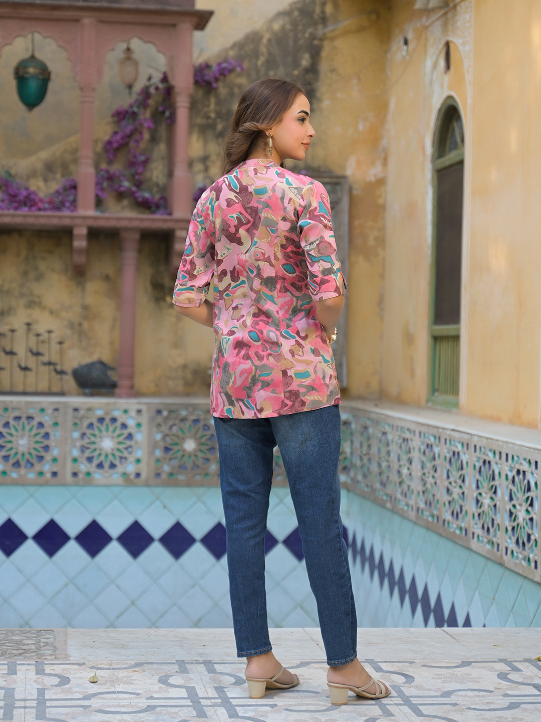Noe Velarro Pink Printed Rayon A-Line Top