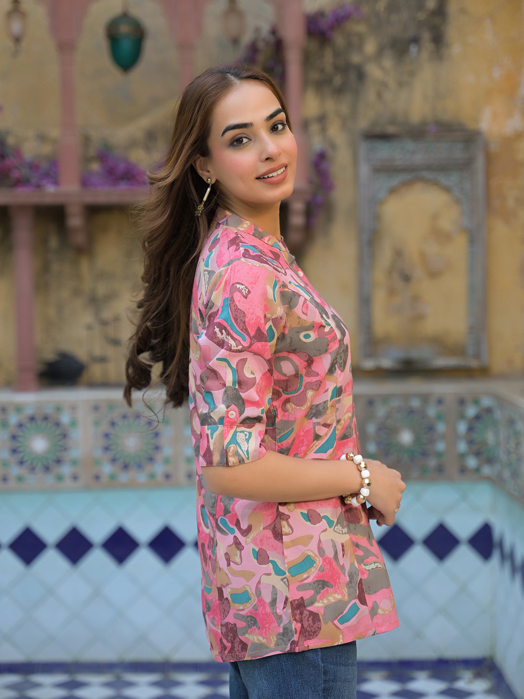 Noe Velarro Pink Printed Rayon A-Line Top