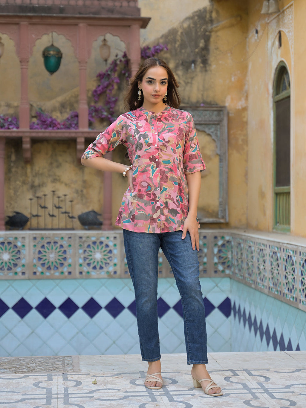 Noe Velarro Pink Printed Rayon A-Line Top