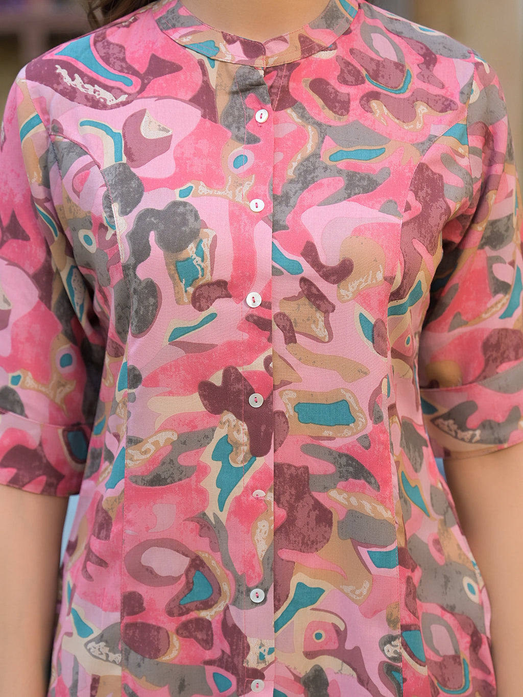 Noe Velarro Pink Printed Rayon A-Line Top
