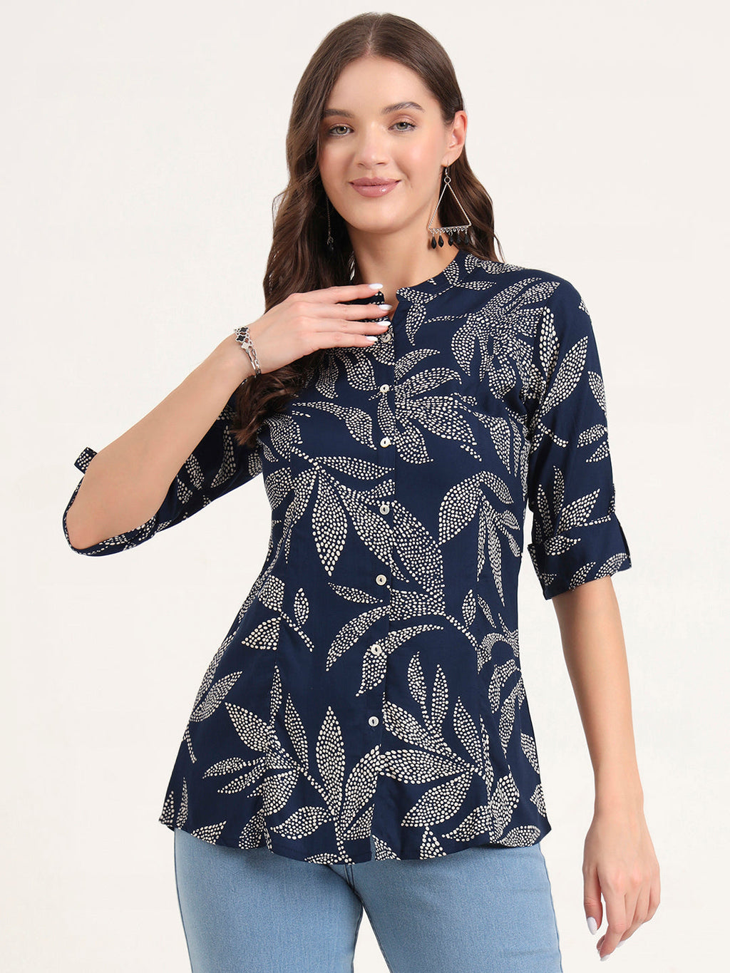 Noe Velarro Navy Blue Rayon Rollup Sleeves A-Line Top
