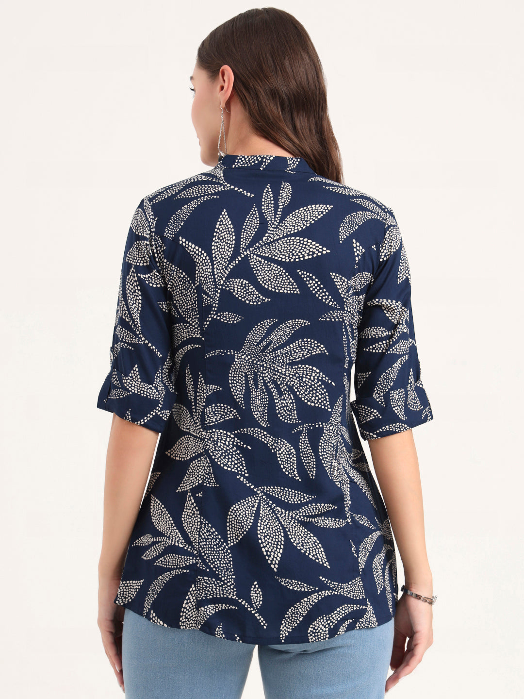 Noe Velarro Navy Blue Rayon Rollup Sleeves A-Line Top