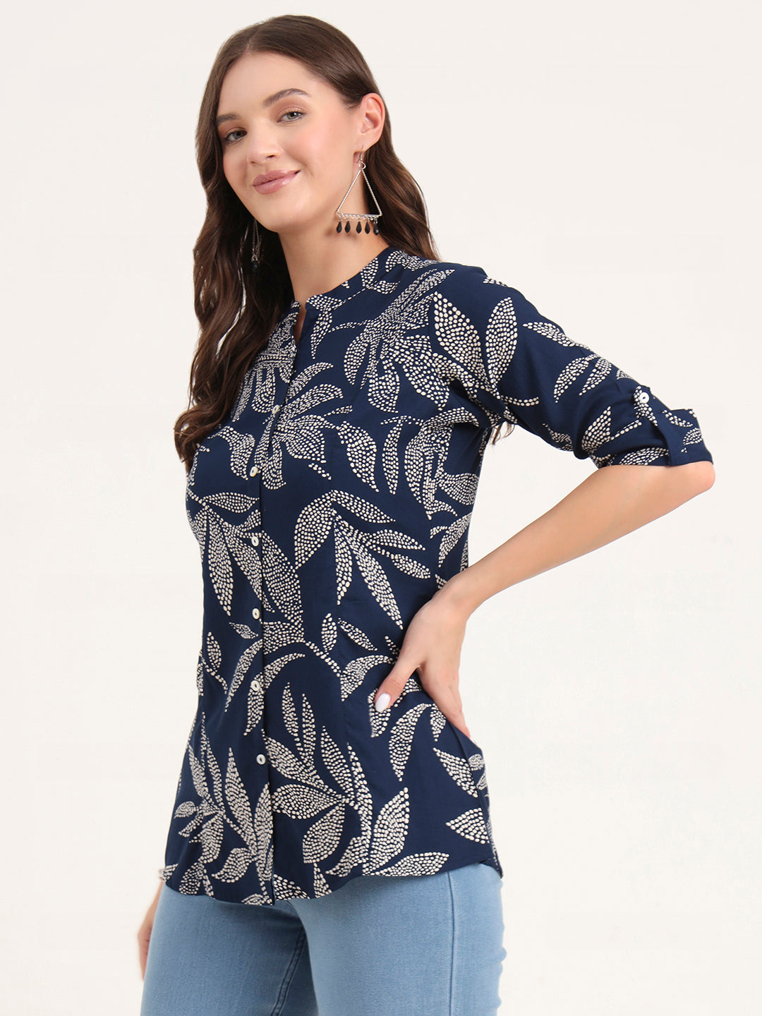 Noe Velarro Navy Blue Rayon Rollup Sleeves A-Line Top