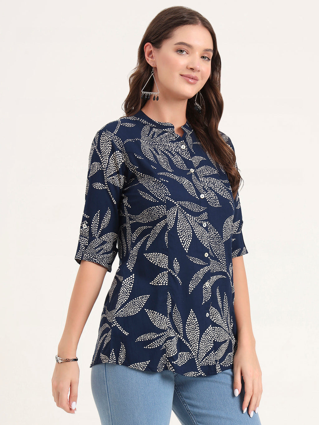 Noe Velarro Navy Blue Rayon Rollup Sleeves A-Line Top