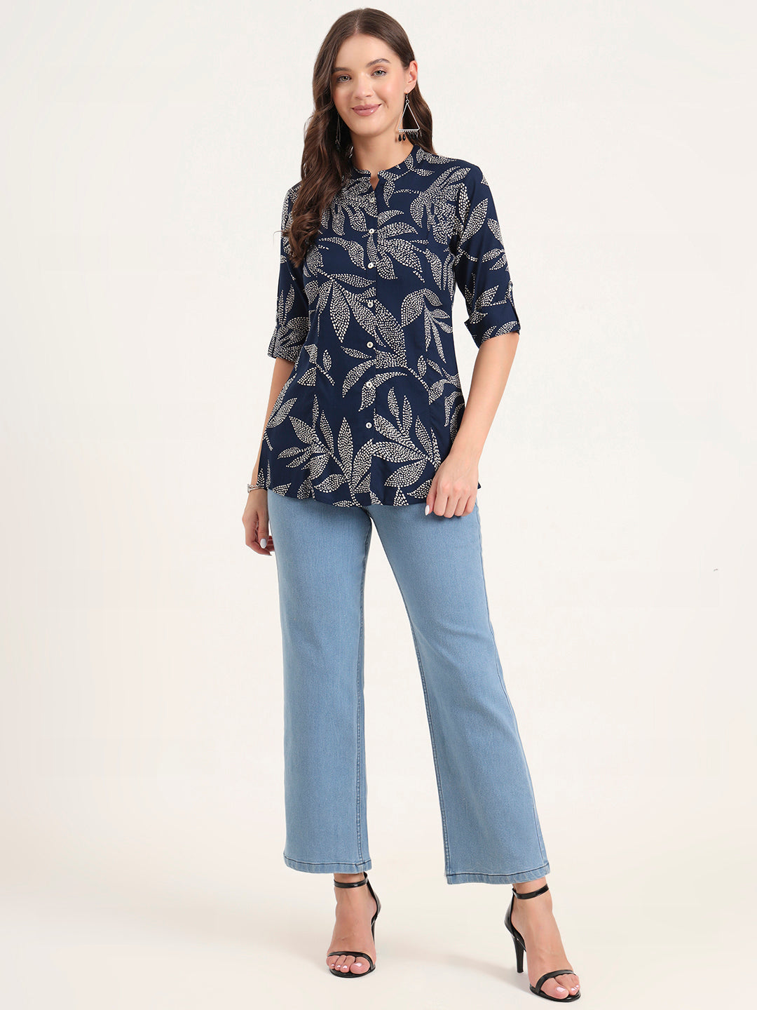 Noe Velarro Navy Blue Rayon Rollup Sleeves A-Line Top
