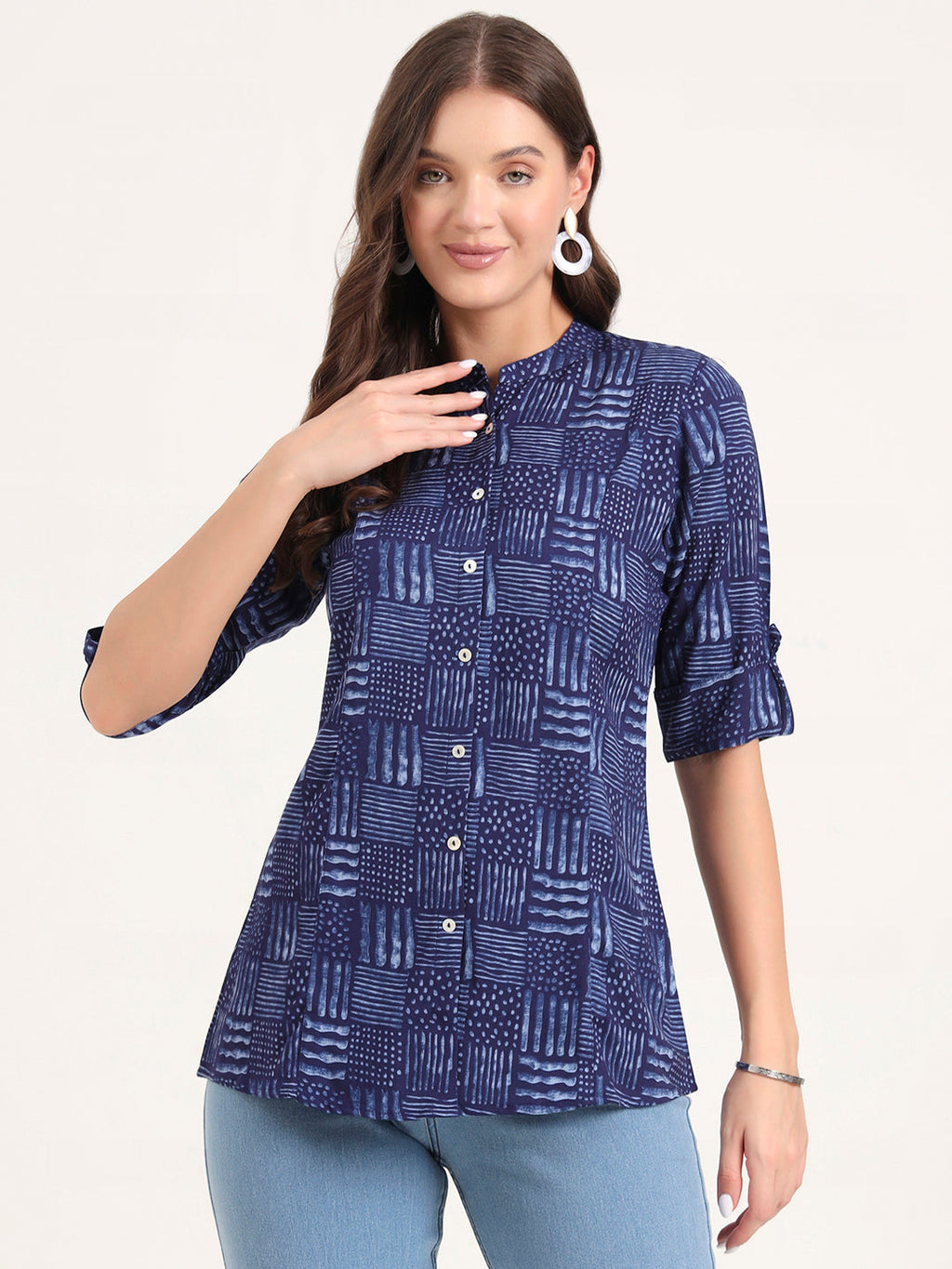 Noe Velarro Blue Rayon Rollup Sleeves A-Line Top