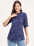 Noe Velarro Blue Rayon Rollup Sleeves A-Line Top