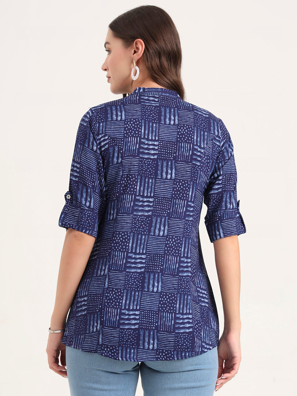 Noe Velarro Blue Rayon Rollup Sleeves A-Line Top