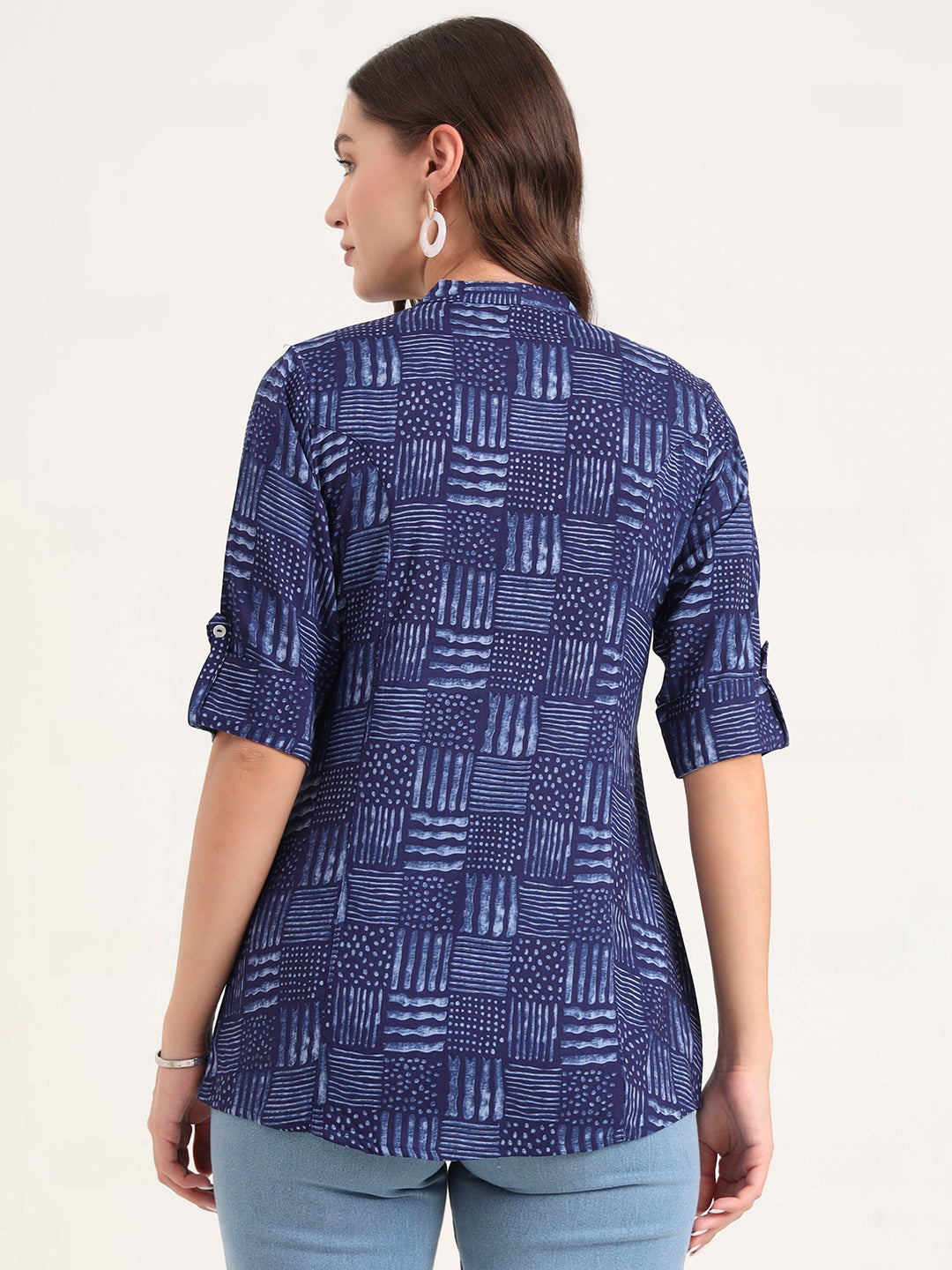 Noe Velarro Blue Rayon Rollup Sleeves A-Line Top