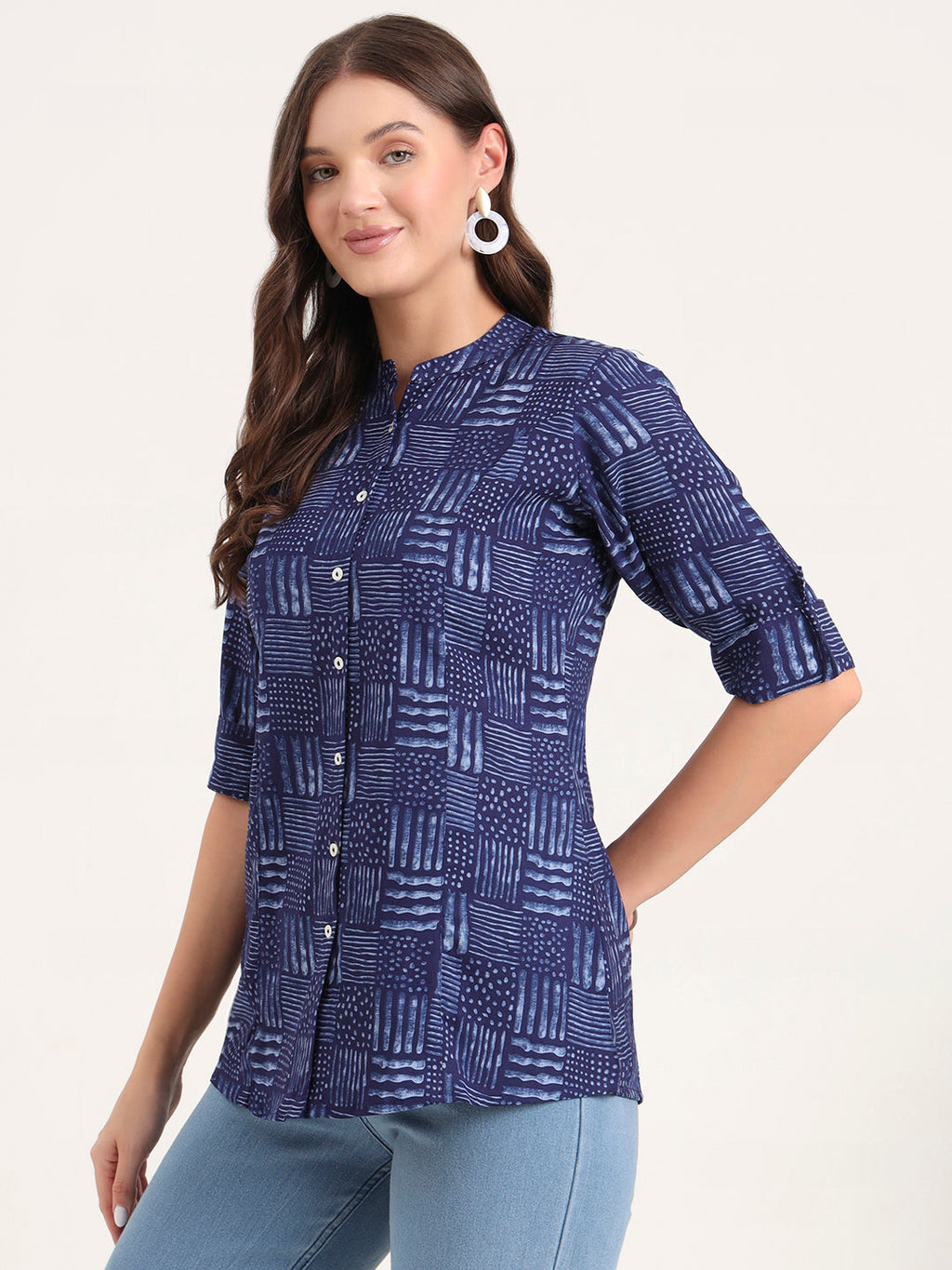 Noe Velarro Blue Rayon Rollup Sleeves A-Line Top