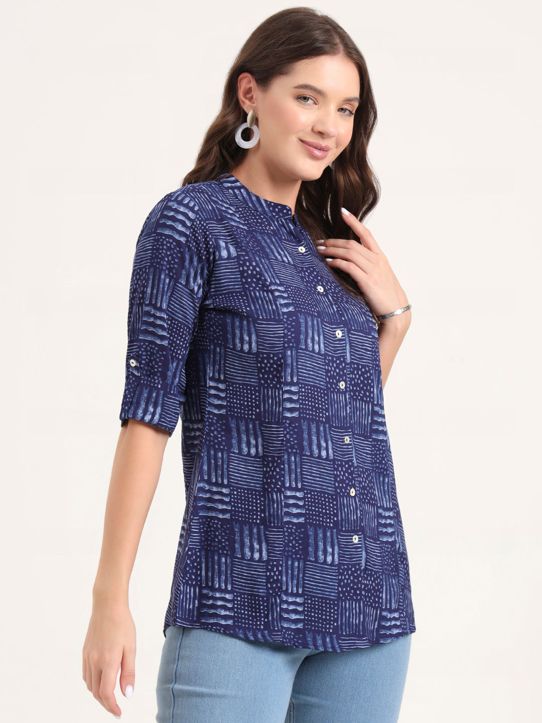 Noe Velarro Blue Rayon Rollup Sleeves A-Line Top