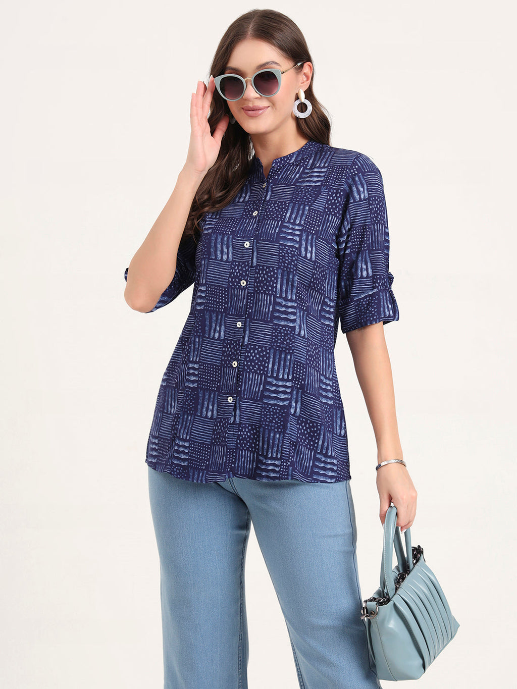 Noe Velarro Blue Rayon Rollup Sleeves A-Line Top