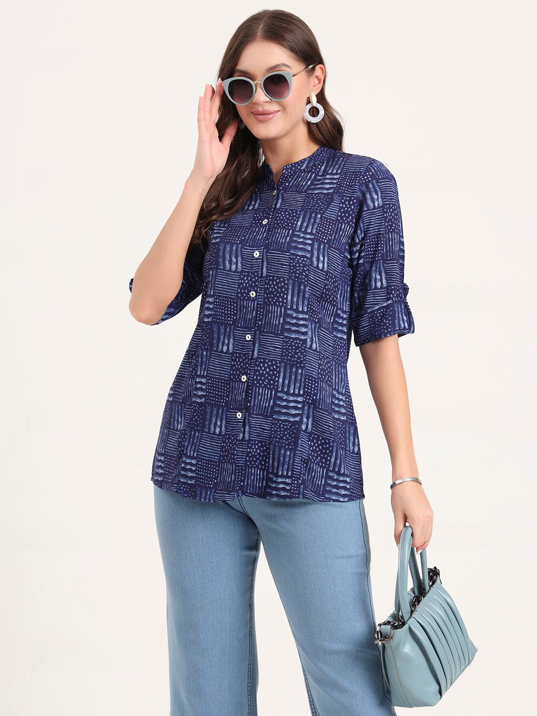 Noe Velarro Blue Rayon Rollup Sleeves A-Line Top