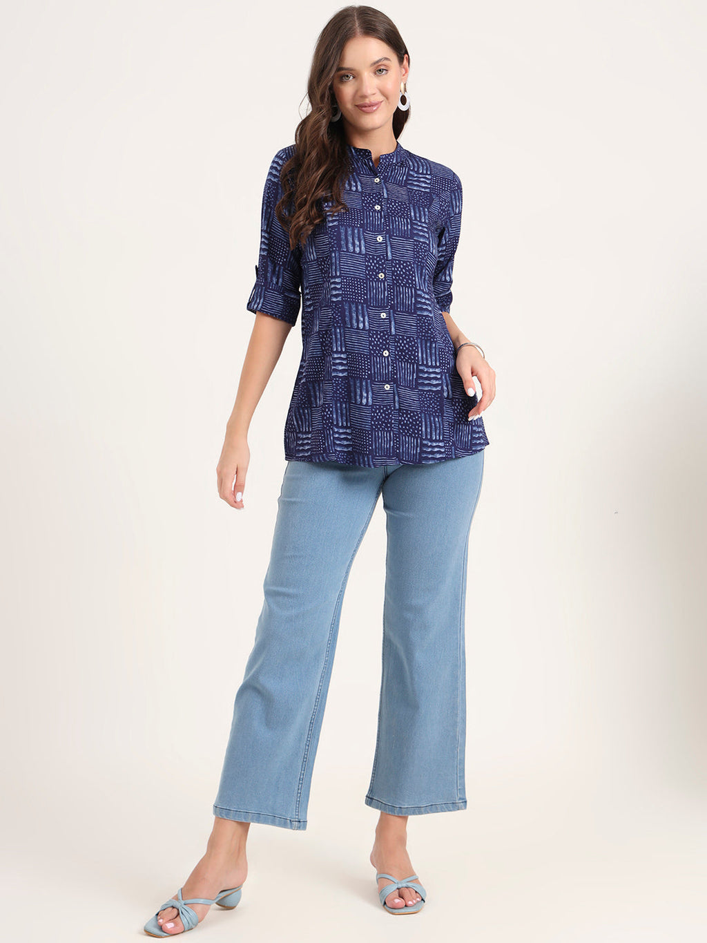 Noe Velarro Blue Rayon Rollup Sleeves A-Line Top