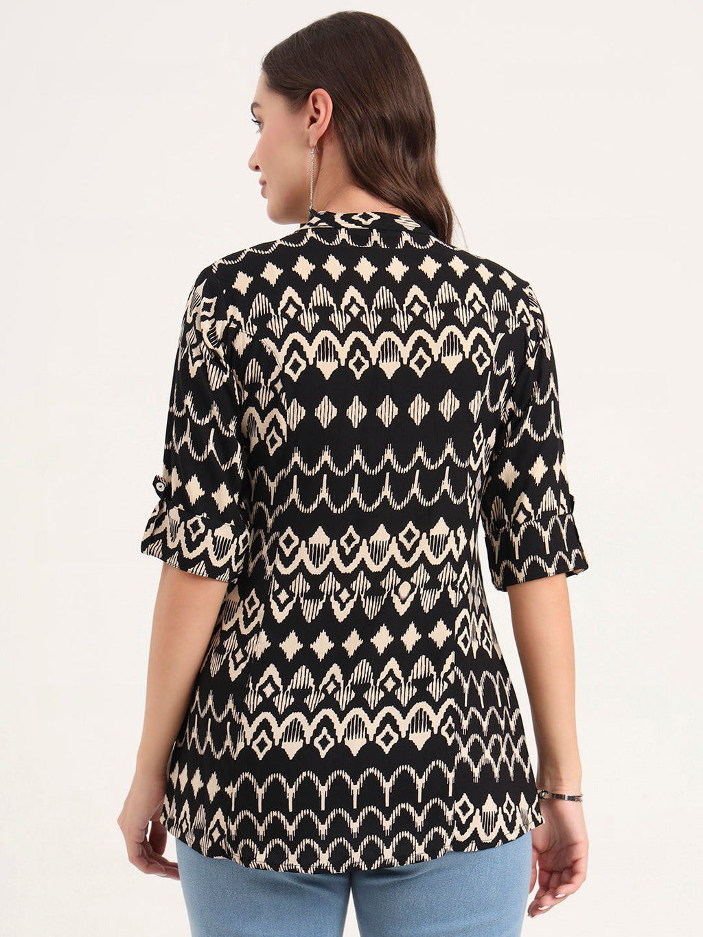 Noe Velarro Black Rayon Rollup Sleeves A-Line Top