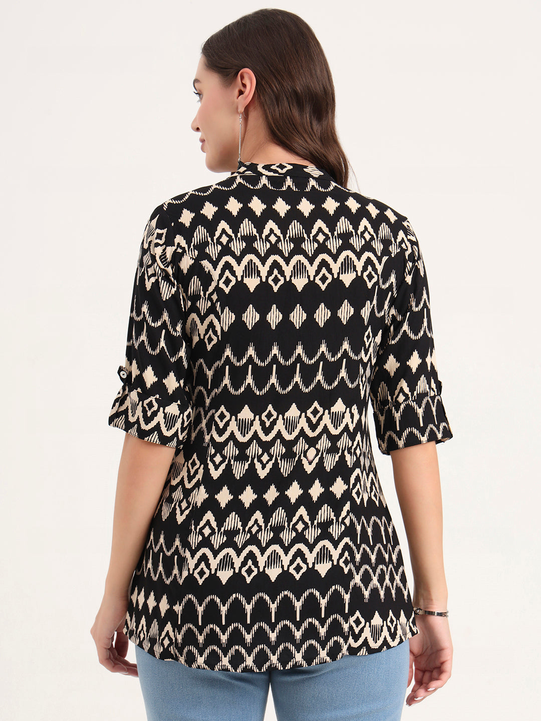Noe Velarro Black Rayon Rollup Sleeves A-Line Top