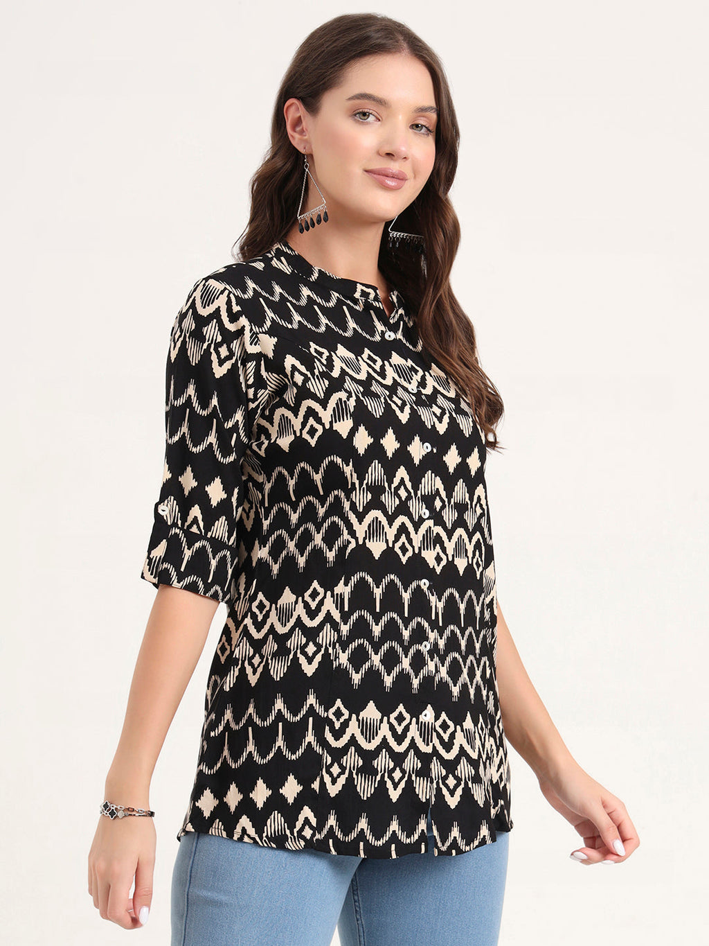 Noe Velarro Black Rayon Rollup Sleeves A-Line Top