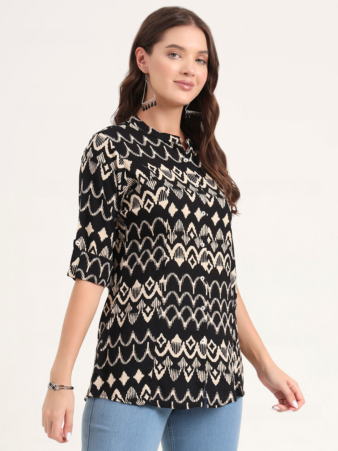Noe Velarro Black Rayon Rollup Sleeves A-Line Top
