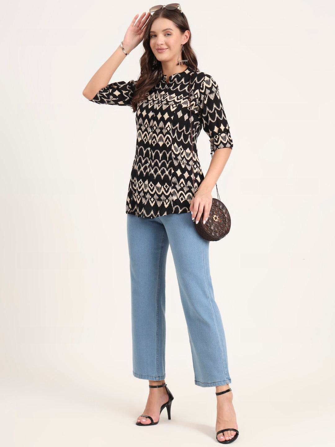 Noe Velarro Black Rayon Rollup Sleeves A-Line Top