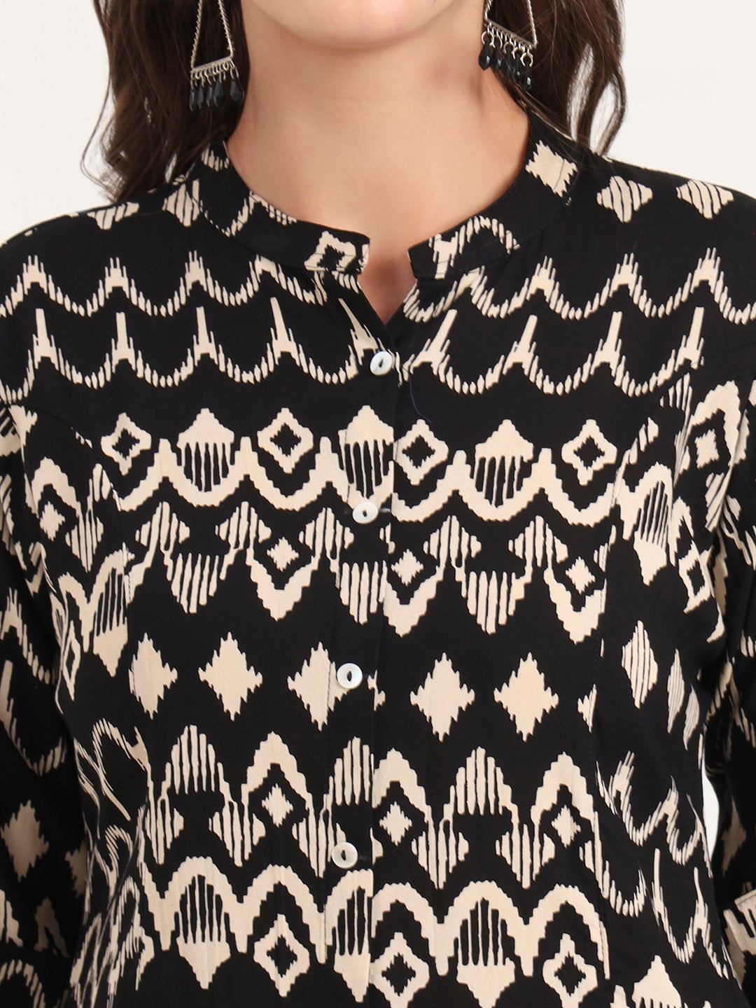 Noe Velarro Black Rayon Rollup Sleeves A-Line Top