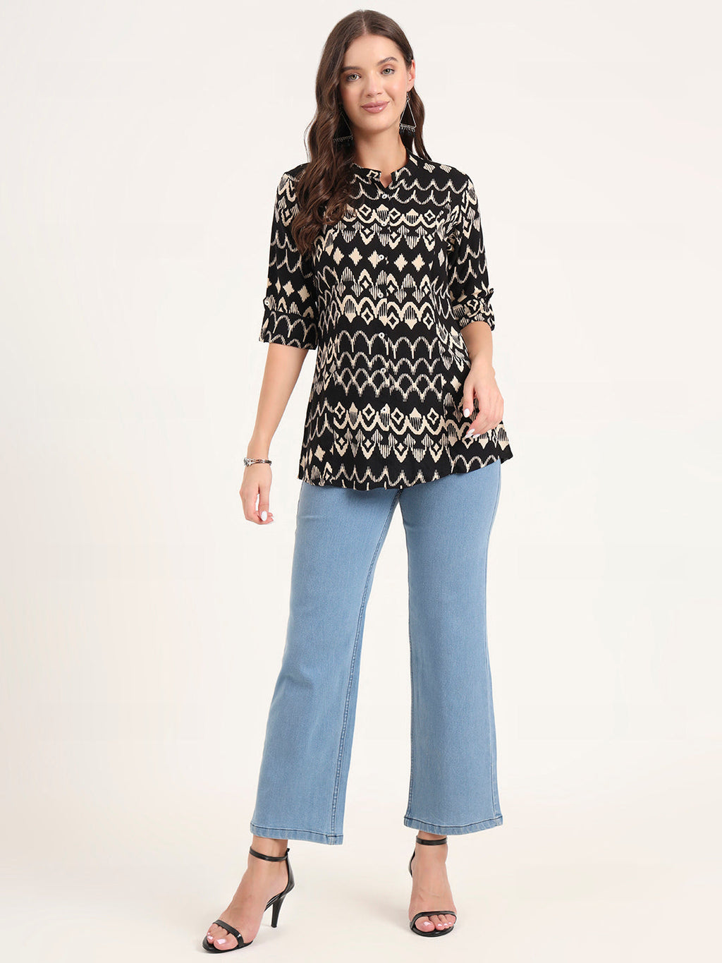 Noe Velarro Black Rayon Rollup Sleeves A-Line Top