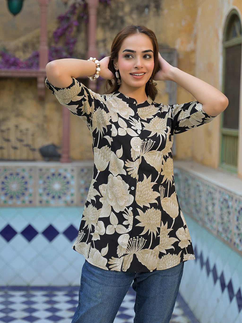 Noe Velarro Black Printed Rayon A-Line Top