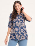 Noe Velarro Navy Blue Rayon Rollup Sleeves A-Line Top