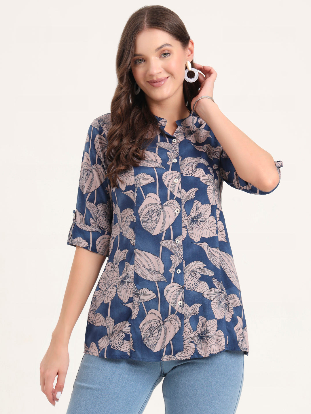 Noe Velarro Navy Blue Rayon Rollup Sleeves A-Line Top