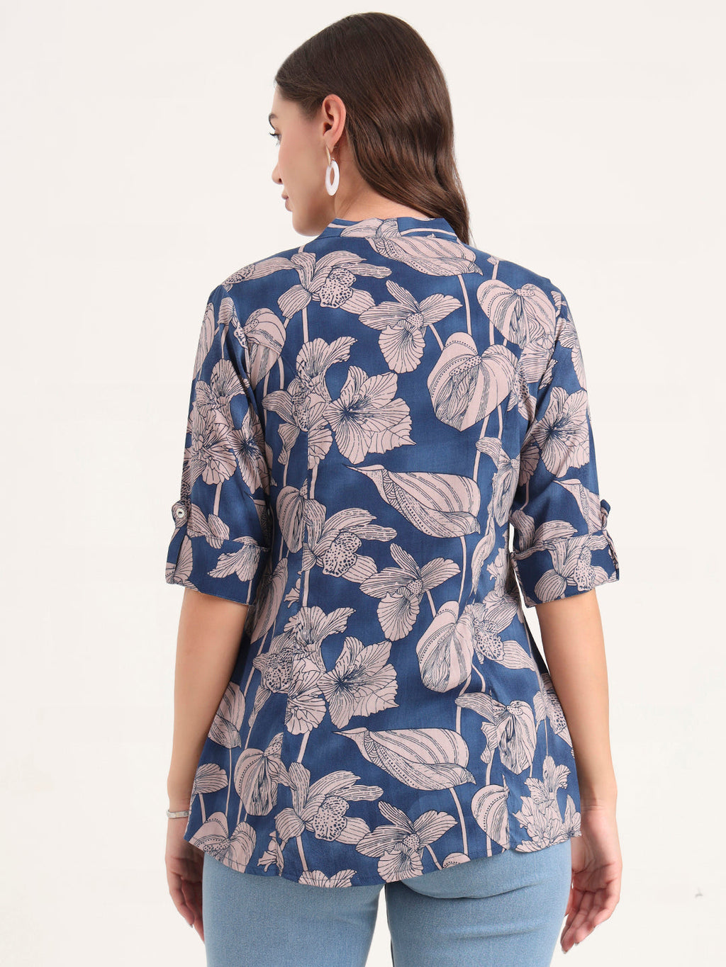 Noe Velarro Navy Blue Rayon Rollup Sleeves A-Line Top
