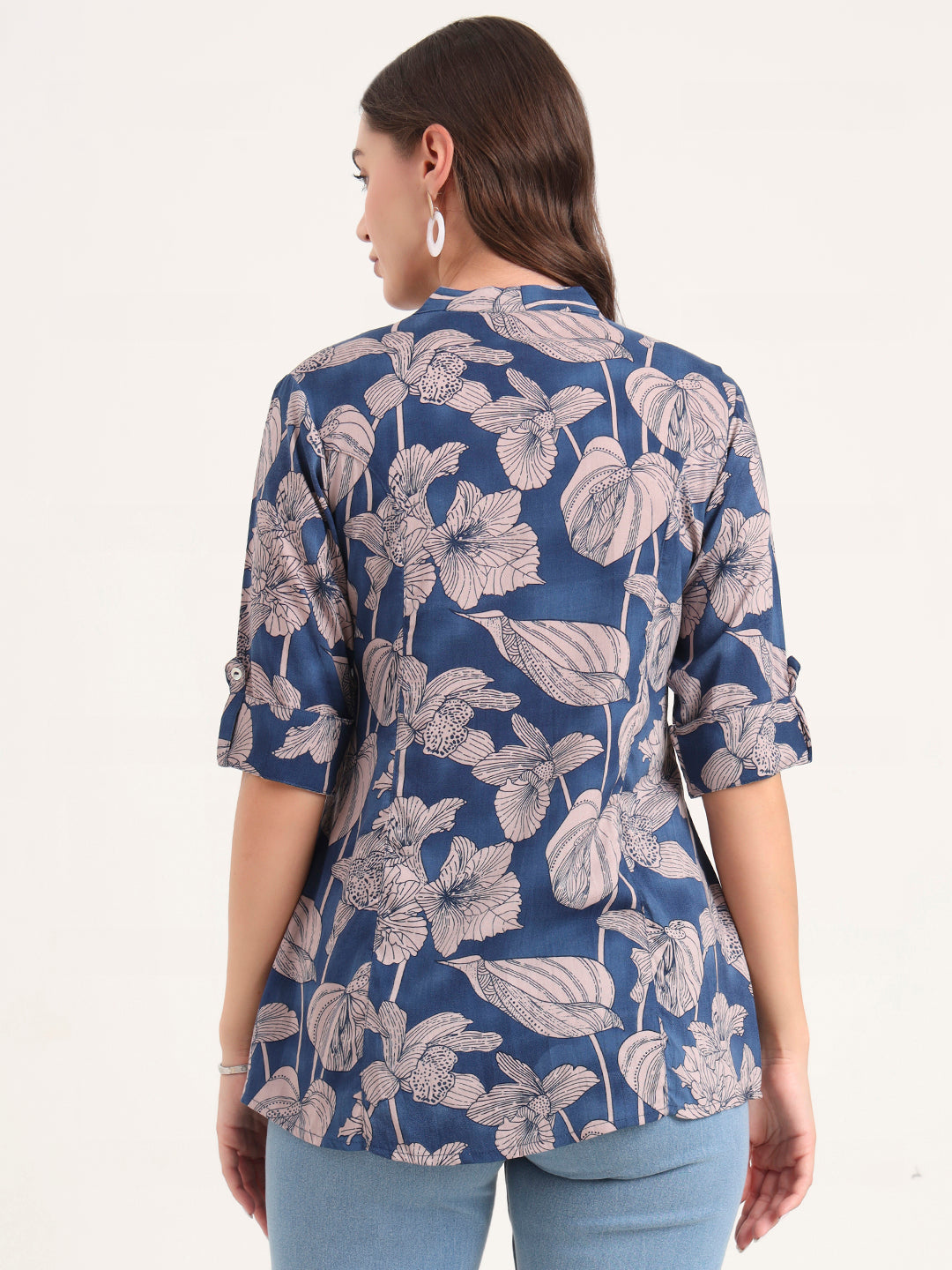 Noe Velarro Navy Blue Rayon Rollup Sleeves A-Line Top